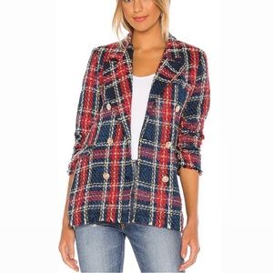 Blank NYC Tweed Plaid Double Breasted Blazer Blue Red